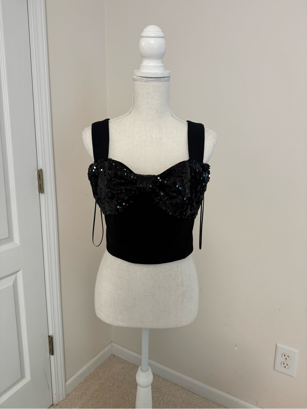 Black Sequin Bustier Crop Top - Women's